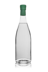 glass bottle with transparent colourless alcoholic drink sealed. Isolated on a white background with reflection