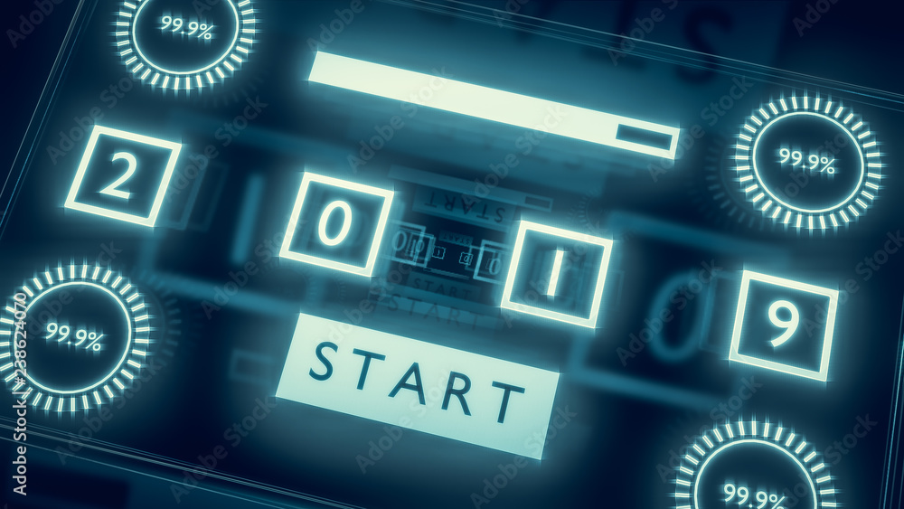 Poster close up, futuristic glass screen with progress bar and number 2019. technical concept for countdown
