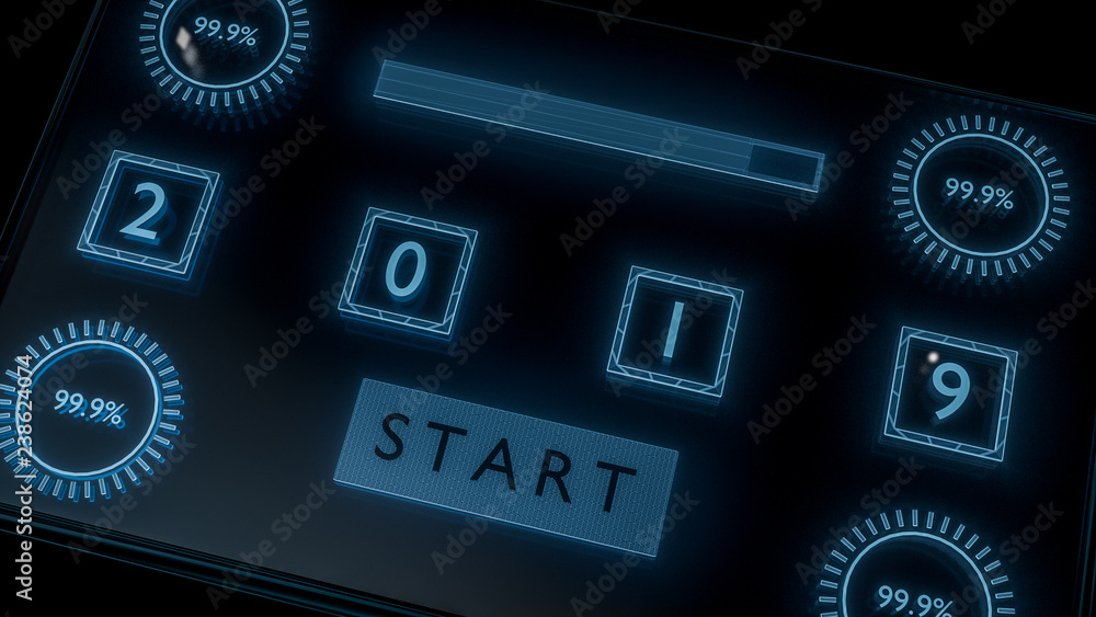 Poster close up, futuristic glass screen with progress bar and number 2019. technical concept for countdown