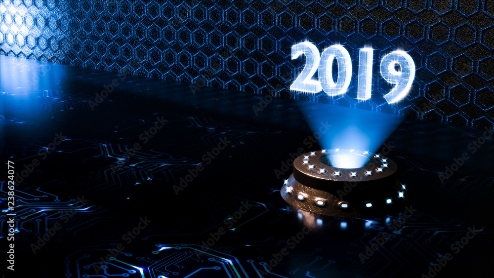 Aufkleber close up, futuristic technical environment with hologram of number 2019. technical concept for count