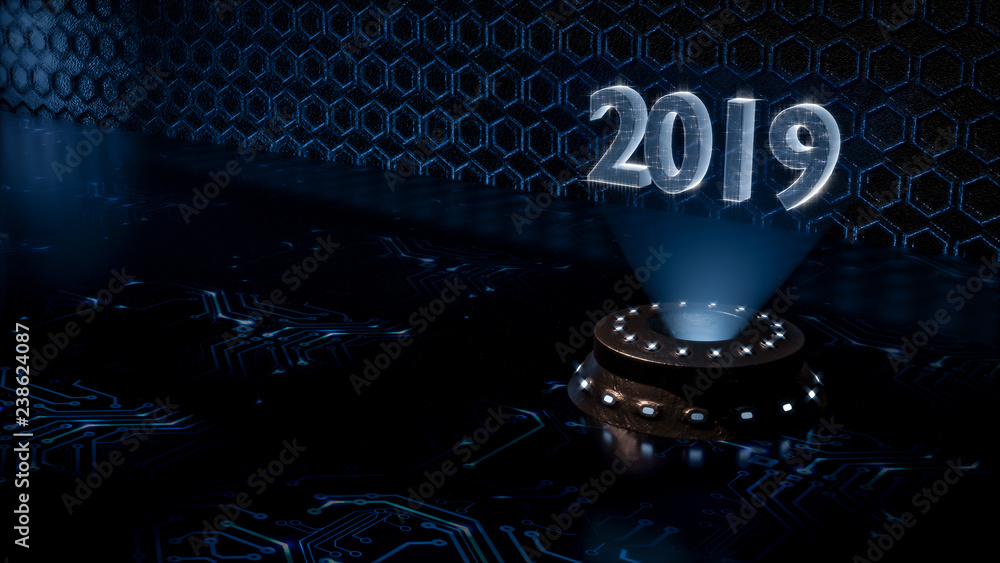 Aufkleber close up, futuristic technical environment with hologram of number 2019. technical concept for count