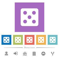 Dice five flat white icons in square backgrounds