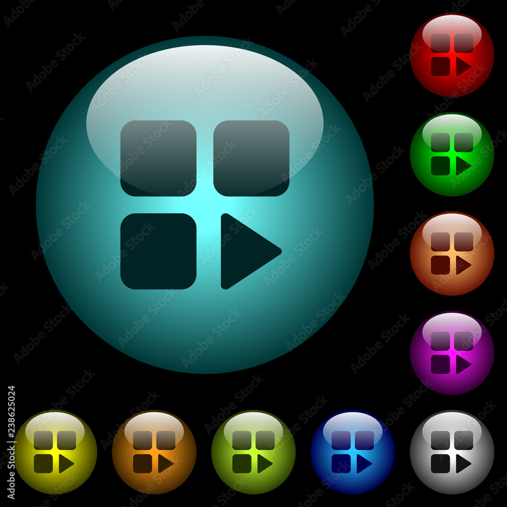 Poster component play icons in color illuminated glass buttons