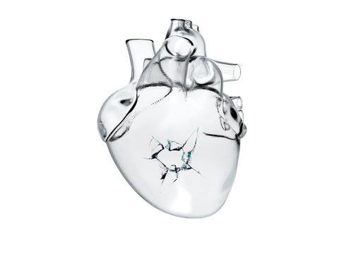 Heart broken glass, ice crack heart, frozen heart, human heart real glass, concept 3d render