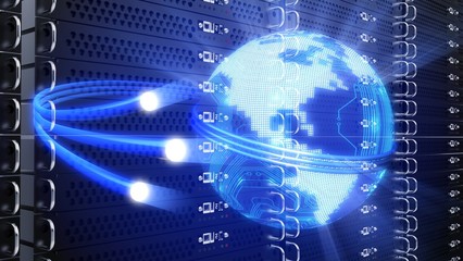 Corridor in Working Data Center Full of Rack Servers and