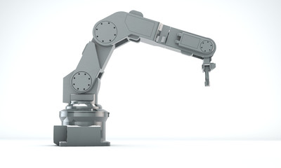 Robotic 3d render on white background. Mechanical hand and empty banner. Modern industrial technology