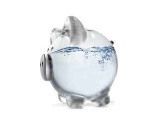 Glass and water piggy bank isolated on white background, concepts - 3d render