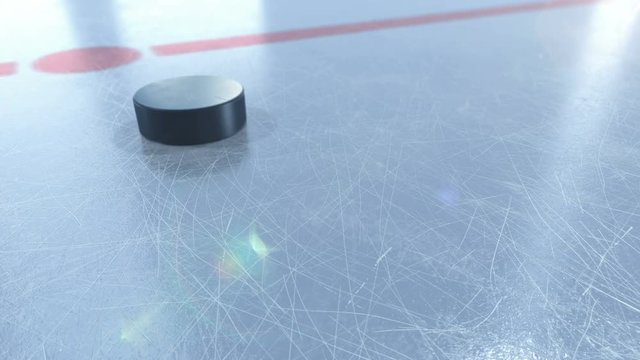 Beautiful Hockey Puck Sliding on Arena Ice in Slow Motion Close-up. 3d animation with and without DOF Blur and Lens Flares on Green Screen Alpha Matte. Active Sport Concept. 4k Ultra HD 3840x2160.