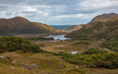 Fototapeta na wymiar Ladies View, a scenic panorama on the Ring of Kerry, Killarney National Park, Ireland. The name stems from the admiration of the view given by Queen Victoria's ladies-in-waiting