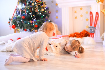 Merry Christmas and Happy Holidays Cute little child girl is decorating the Christmas tree indoors.
