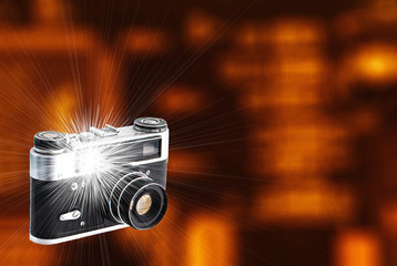 retro camera with a built-in flash and a beautiful background