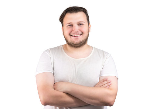 Happy chubby man with arms crossed