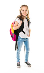 A Portrait of child with school bag on white background isolated