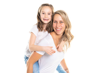 A mother and daughter portrait isolated on white studio.