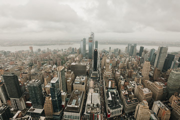 View of Manhattan New York City Skyline Buildings. Rainy day in New York.