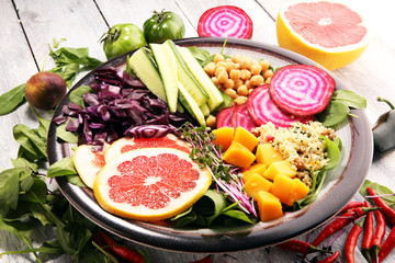Bowl of Buddha, The concept of a healthy diet: chickpeas, salad, beetroot, pumpkin, cucumber, grapefruit, cabbage and tabouleh. Balanced food.