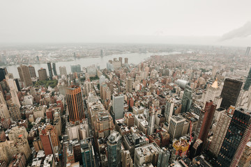 View of Manhattan New York City Skyline Buildings. Rainy day in New York.