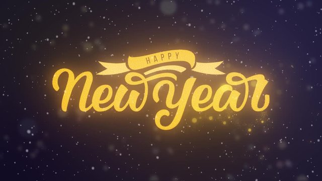 Happy New Year hand lettering 2D animation. Golden letters with ribbon and decoration festoon. Background with falling snow bokeh. Magic animation for your main cool party of the year