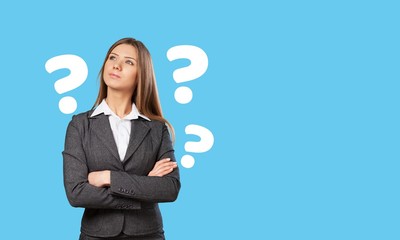 Question woman apron attractive beautiful beauty blue background