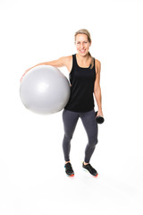 Runner woman isolated. sport model with ball isolated on white background.