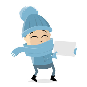 funny cartoon man in winter clothes holding empty sign