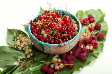 Red and white currants in a ceramic bowl. Near the raspberry. Ripe and juicy berries on a green leaf, white background. Harvest season. Charge of vitamins and minerals