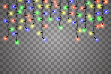 Christmas lights isolated realistic design elements. Glowing lights for Xmas Holiday cards, banners, posters, web design. Garlands decorations. Vector illustration.