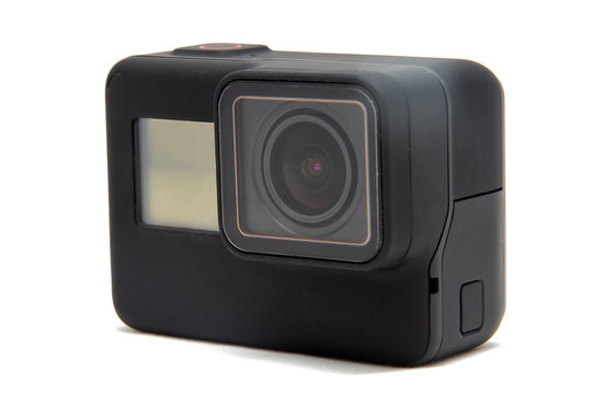 New 4K action camera in black color. Isolated white background