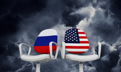 Russia and USA business chairs. Internationl relationship concept. 3D Rendering