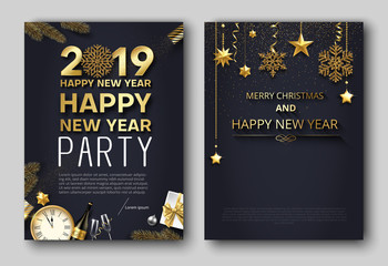 Fototapeta na wymiar Merry Christmas and New Year 2019 party poster or invitation templates.