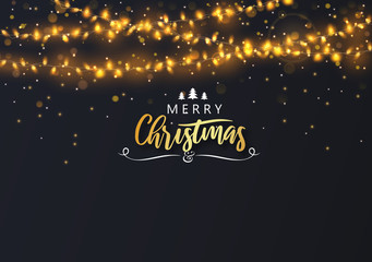 Fototapeta na wymiar Black Merry Christmas shiny card with golden decorative lanterns.
