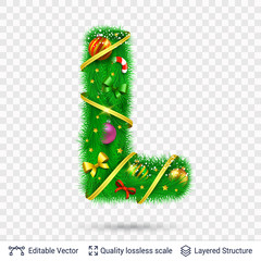Holiday decorative letter of fir tree with toys.