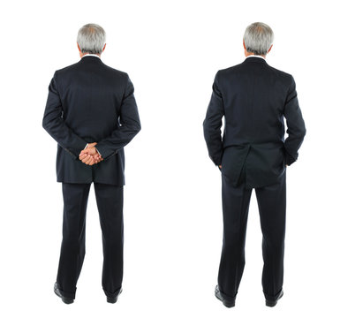 Two images of the same middle aged businessman seen from behind