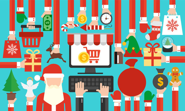 Happy New Year concept design sale online flat Santa Claus.Vector illustration