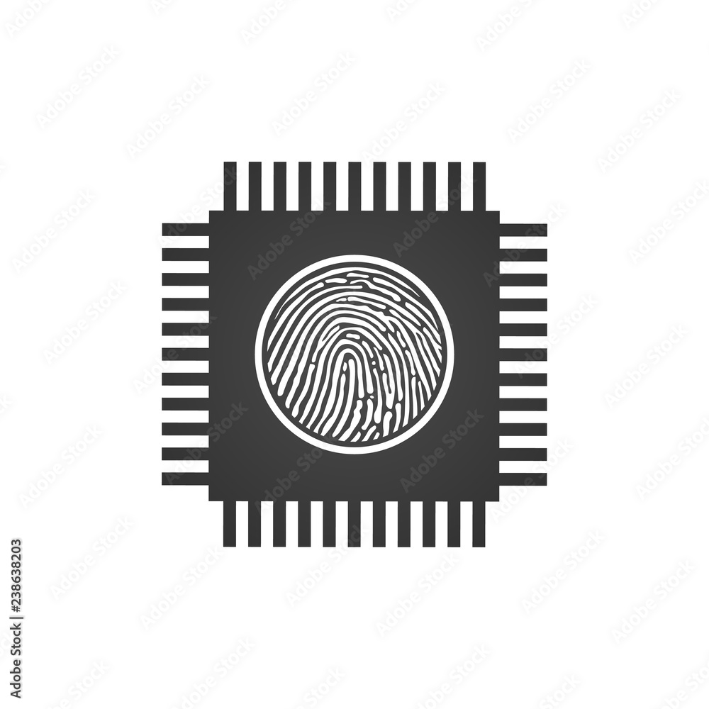 Poster cpu central processing unit with fingerprint, security concept, computer chip or microchip icon. vec