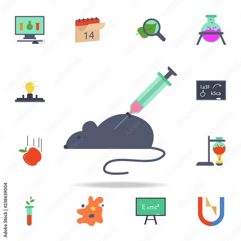 Poster colored experience on a laboratory mouse icon. detailed set of colored science icons. premium graphi