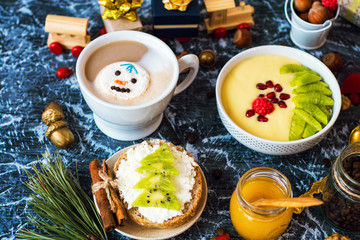 Fototapeta na wymiar holiday breakfast, christmas or new year background with food - Image 