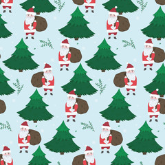 Cute Christmas seamless pattern with doodle Santa Claus with gifts in fir forest. Winter texture with branches and snowflakes for textile, wrapping paper, wallpaper, new year decor