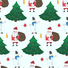 Doodle Christmas seamless pattern with cute hand drawn Snowmen, Santa Claus with gifts and fir trees. Winter texture with holiday balls for textile, wrapping paper, wallpaper, new year decor