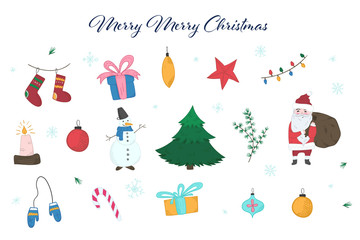Cute colorful collection of doodle light outline Christmas elements including fir, Snowman, Santa Claus, giftboxes, mittens, stocking, balls for new year design, labels, coloring books, kids apps