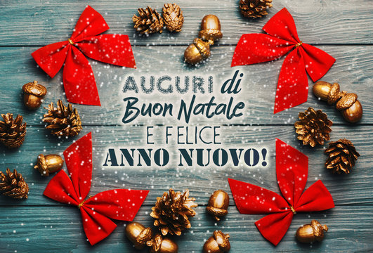 Merry Christmas and Happy New Year in Italian language. handmade christmas tree decorations  CARD - Image