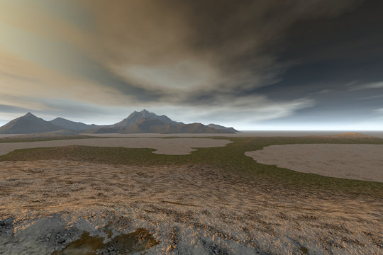 Desert, a rocky landscape, dry ground, a dark mountain and a cloudy sky.