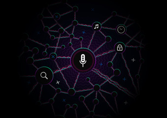 Voice recognition scheme. Personal assistant structure. Smart music algorithm sound waves or voice recognition technology. Concept with microphone ai icon. Futuristic vector background.