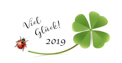 Viel Glück Karte mit Kleeblatt und Marienkäfer, Glückwunschkarte, Silvester Karte, Neues Jahr 2019, Vektor Illustration isoliert auf weißem Hintergrund © Engel73