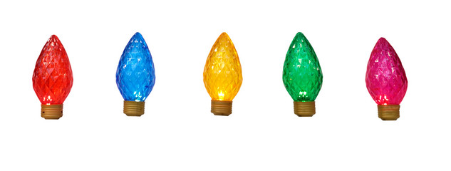 Red, blue, yellow, green and pink Christmas holiday lights in a row. No wires or cabling. Isolated.