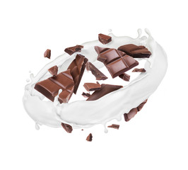 Pieces of chocolate bar with milk splashes in a circular motion on a white background