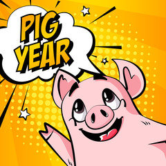 Greeting card with cartoon pig, stars and text cloud on orange background. Vector banner in comics style.