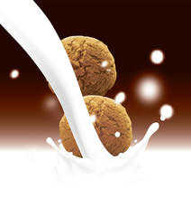 Round cookies falling into pouring milk. Realistic vector illustration with blurred chocolate color background with splashes and drops.