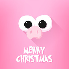 Merry Christmas card with pig nose, cartoon eyes and text on pink background. Flat design. Vector.