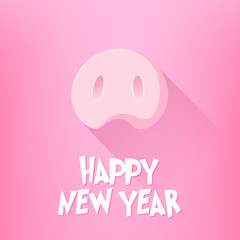 Happy New Year card with pig nose and text on pink background. Flat design. Vector.